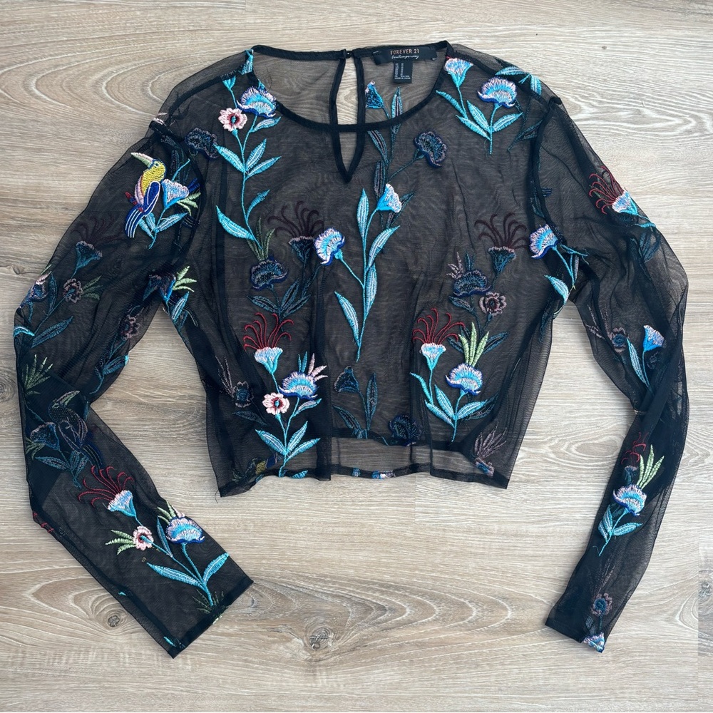 Forever 21 Floral Embroidered Sheer Mesh Black Long Sleeve Top
